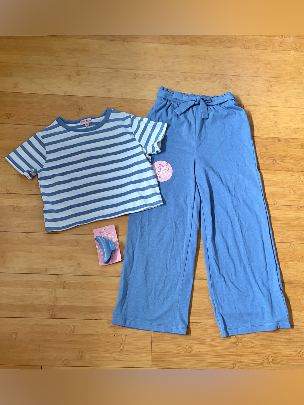 NWT Girl’s Size 12 Blue Striped Outfit - Top Tee & Solid Wide Leg Blue Pants Set